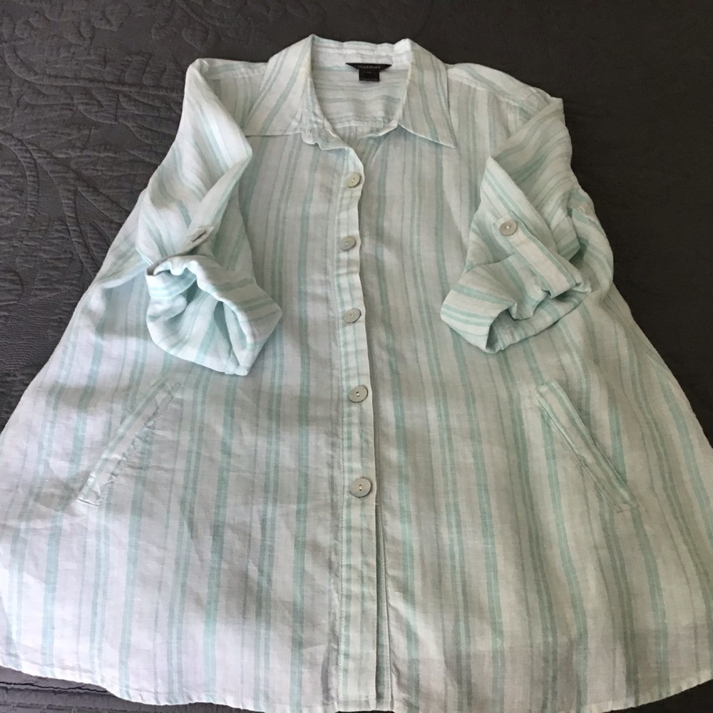 Multiples Linen Aqua Stripe Shirt Jacket